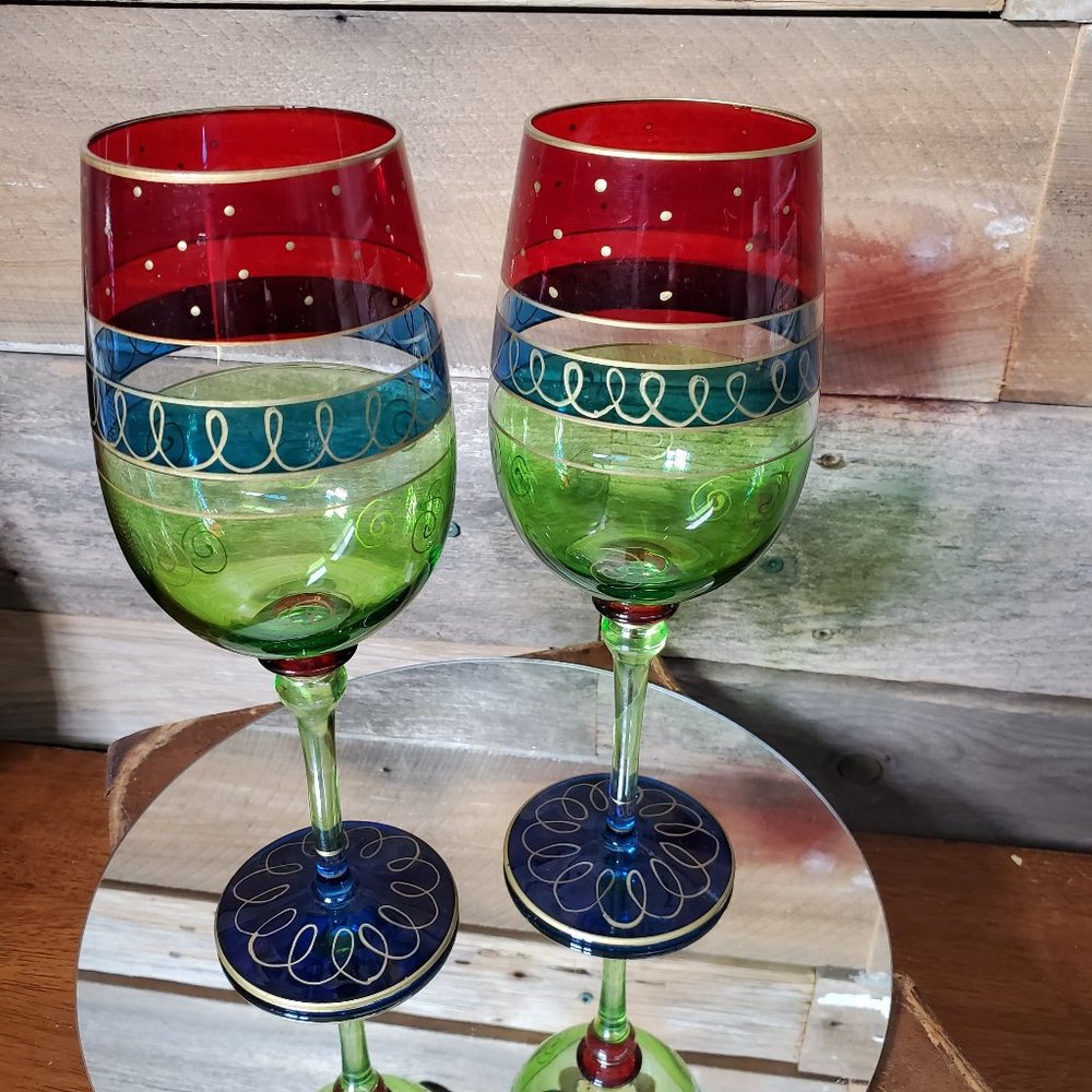 Vintage 90's Handpainted Crystal Christmas Bordeaux Wine Glasses - Pair - Picture 1 of 7
